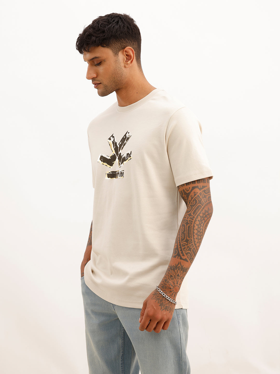 Slim Fit Foli Printed T-Shirt | Beige