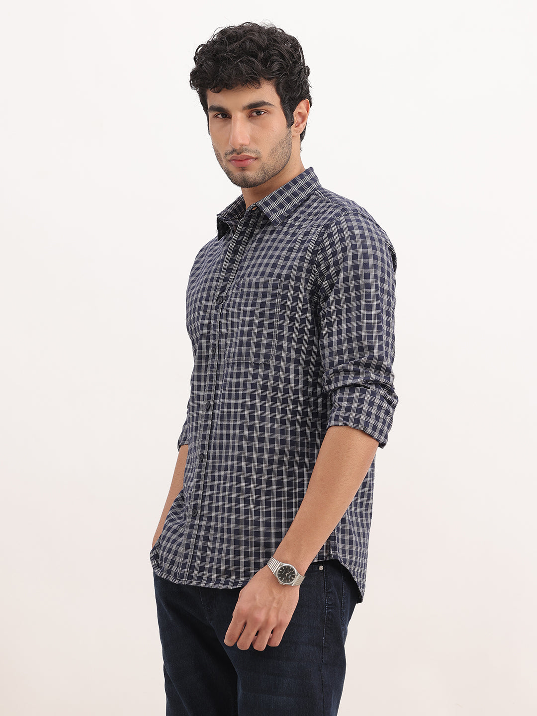 Slim Fit Checkered Full Sleeve Shirt | Navy Blue