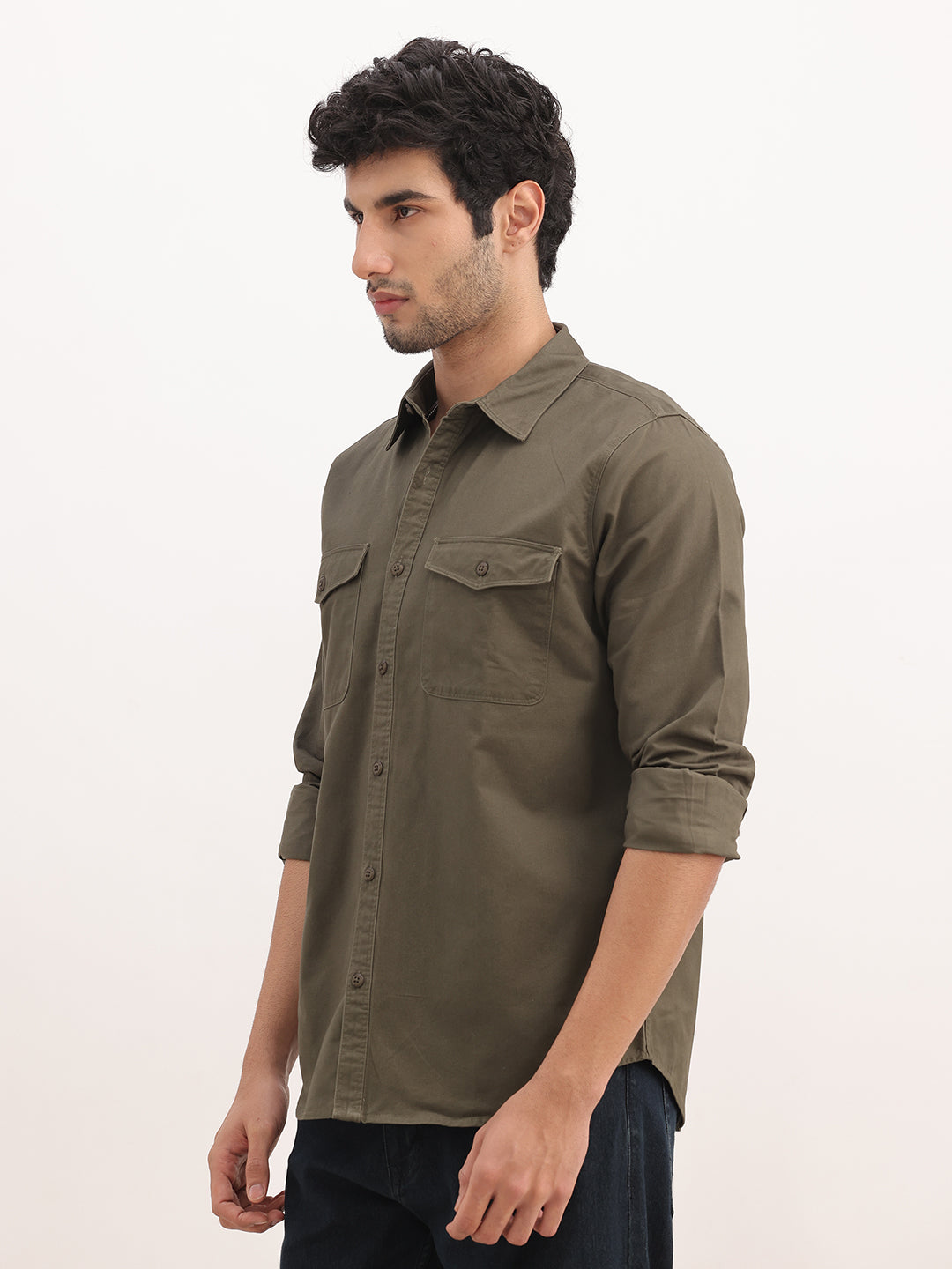 Slim Fit Double Pocket Full Sleeve Shirt | Olive
