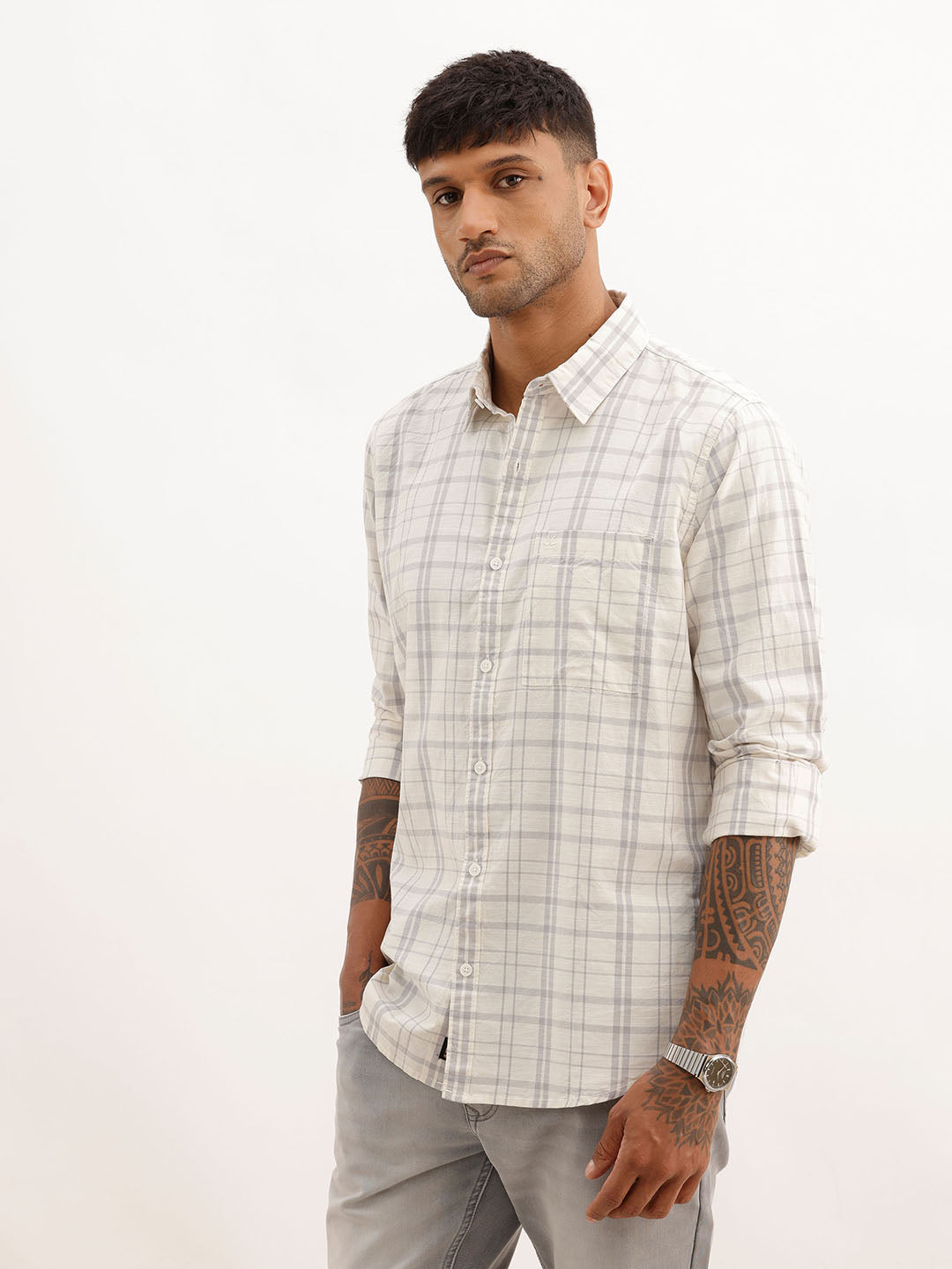 Slim Fit Checkered Full Sleeve Shirt | Off White