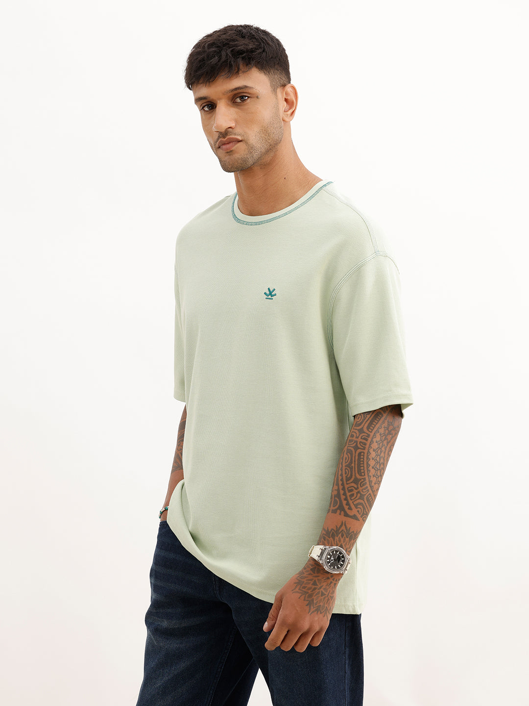 Oversized Contrast Stitch Textured T-Shirt | Light Green