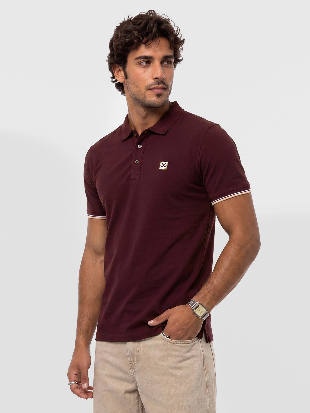 Slim Fit Contrast Sleeve Polo T-Shirt | Maroon