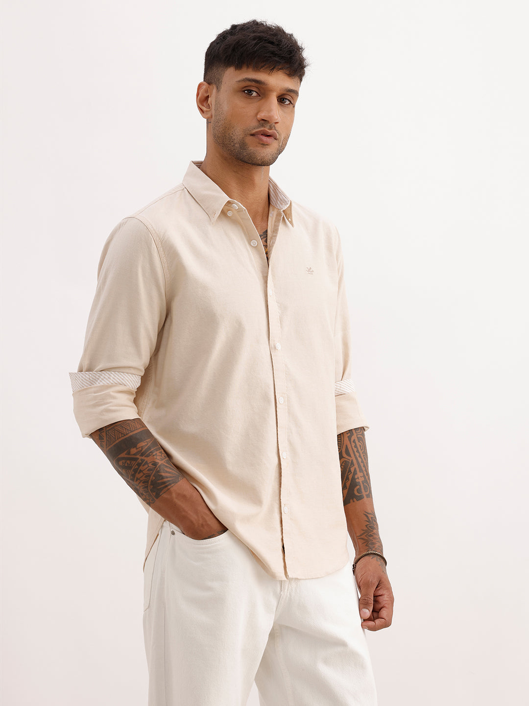 Solid Slim Fit 100% Cotton Shirt | Beige