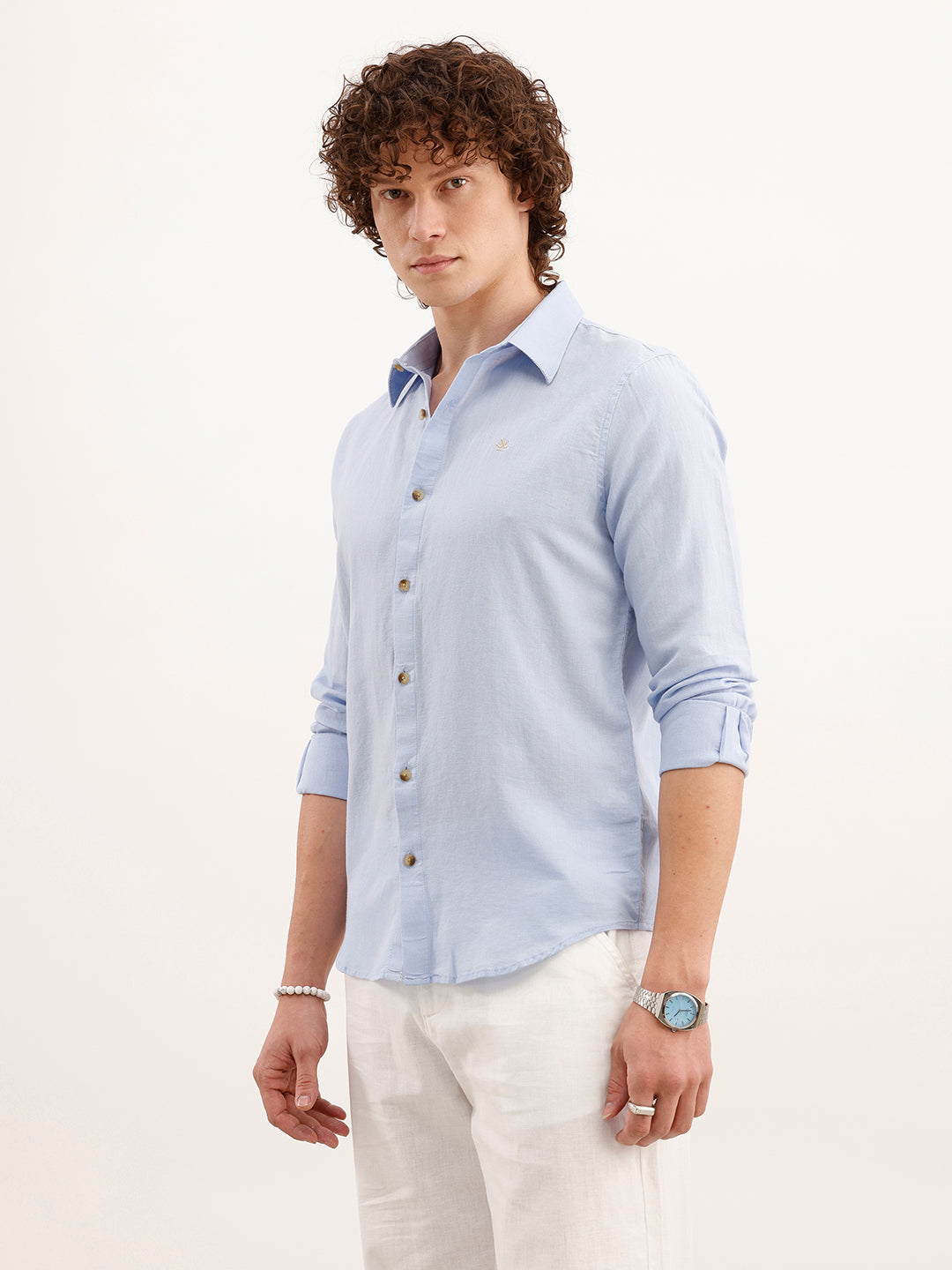 Solid Slim Fit Linen Shirt  | Blue
