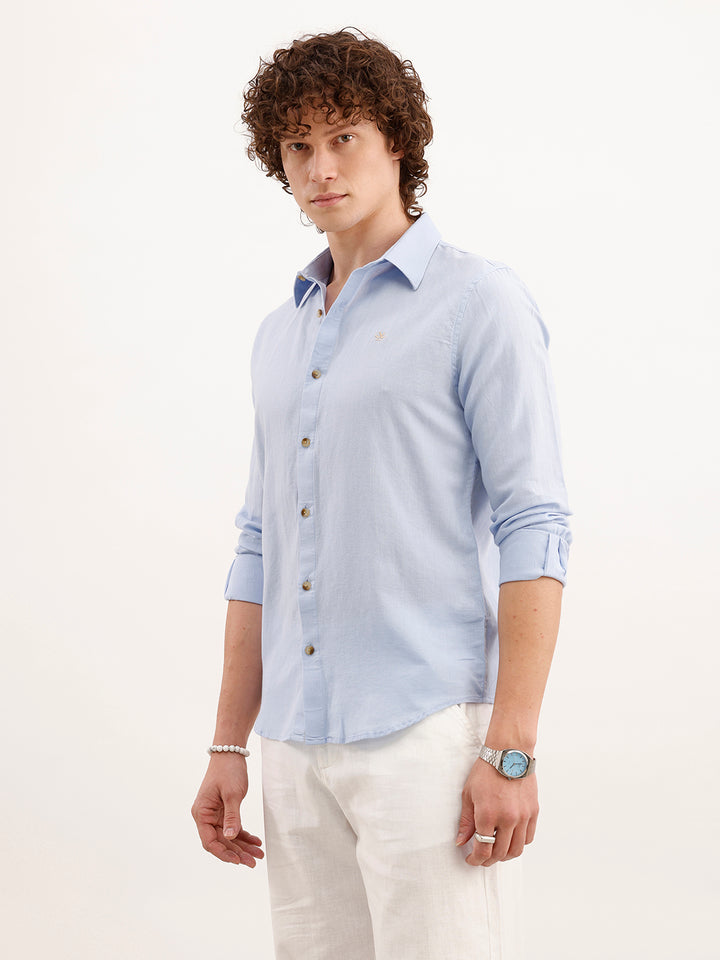 Solid Slim Fit Linen Shirt  | Blue