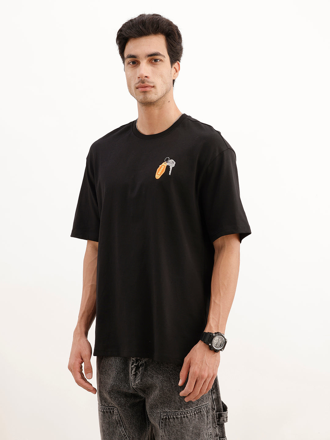 Oversized Emroidered Patch Detail T-Shirt | Black
