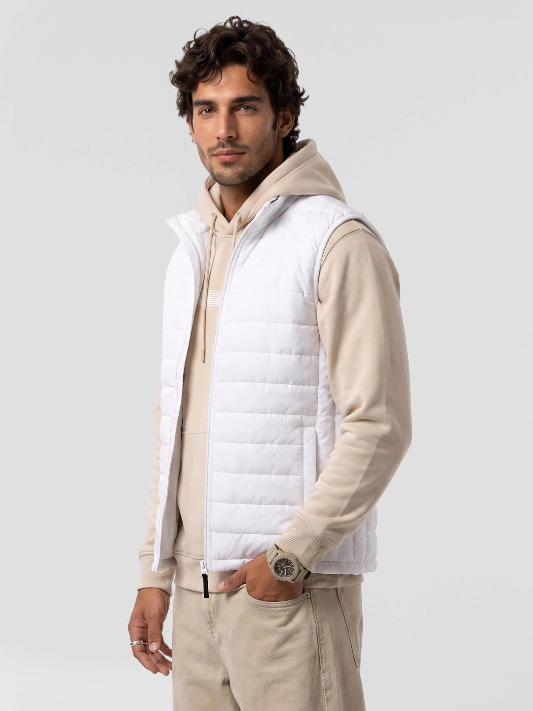Classic Cut-Off Sleeve Puffer Jacket | White