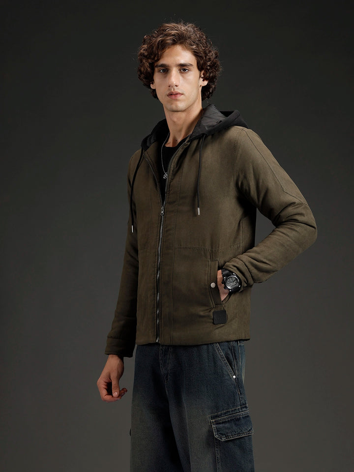 Wrogn Men's Slim Fit Hooded Jacket | Olive