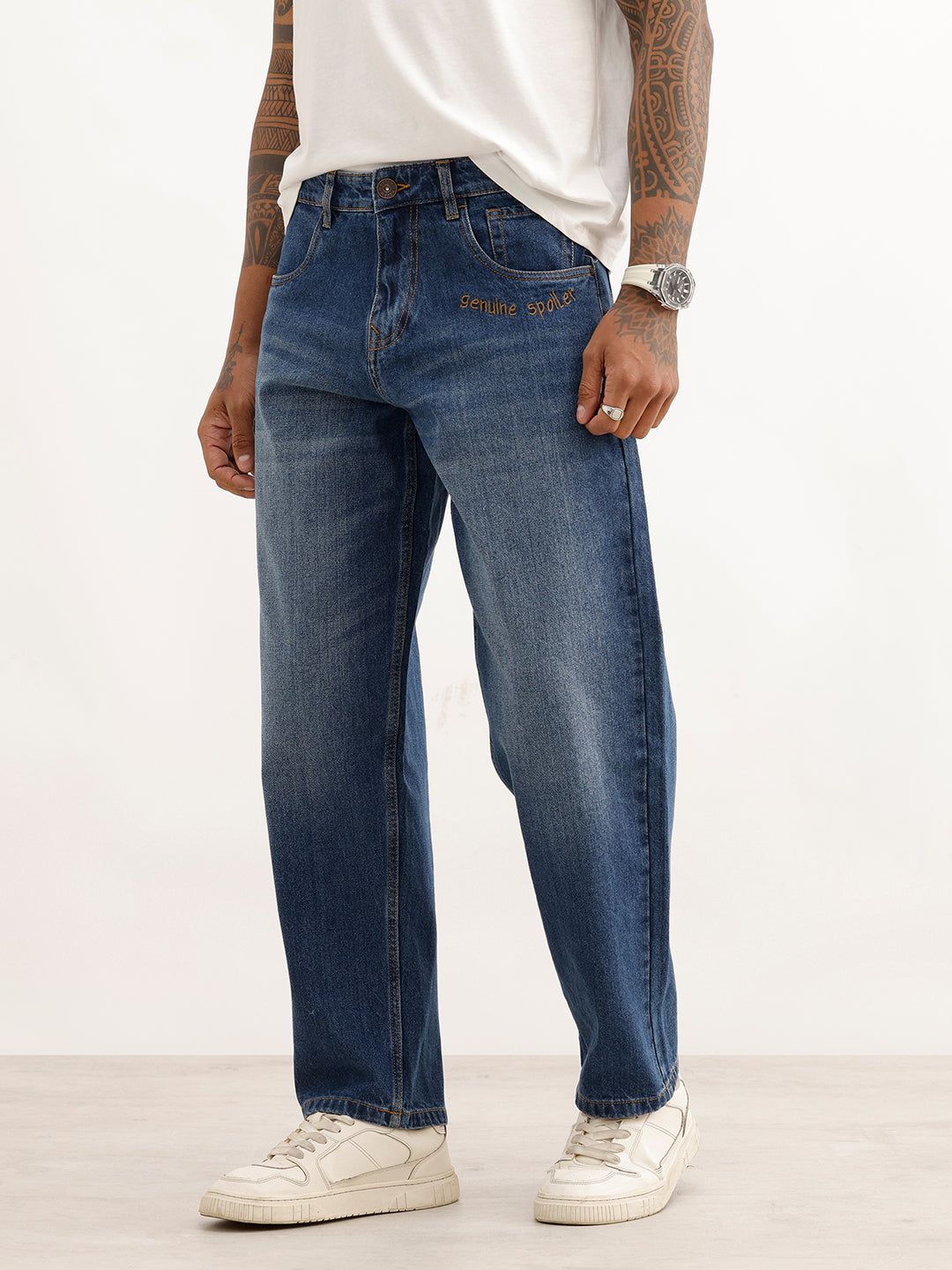 Loose Fit Embroidery Detail Denim Jeans | Blue