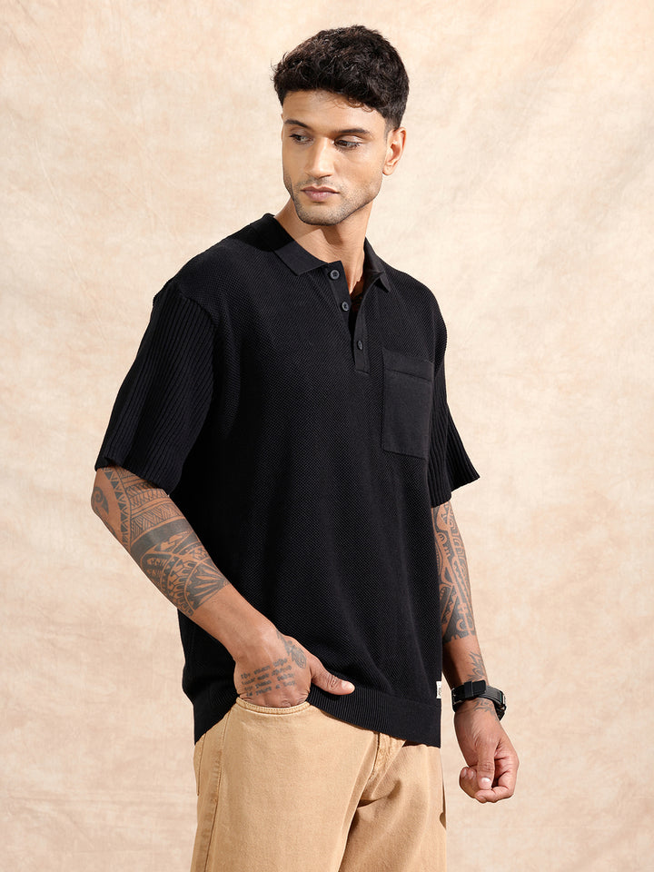 Solid Textured Flat Knit Polo T-Shirt | Black