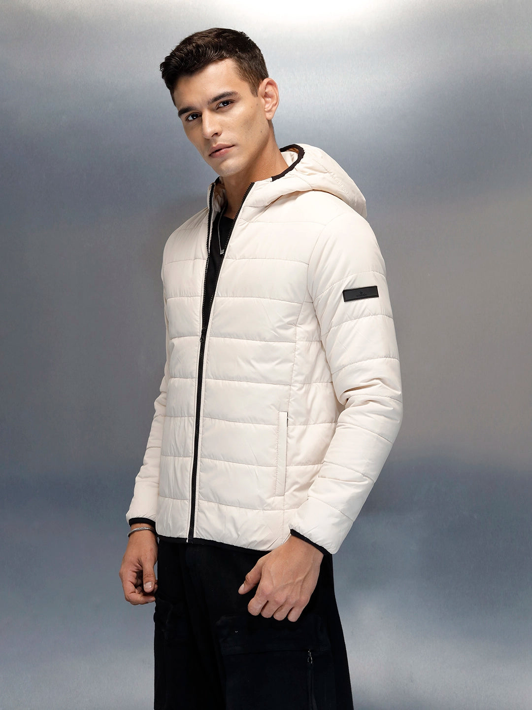 Puffered Men's Casual Slim Fit Hooded Jacket | Beige