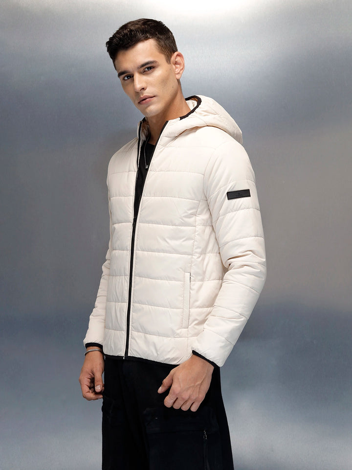 Puffered Men's Casual Slim Fit Hooded Jacket | Beige