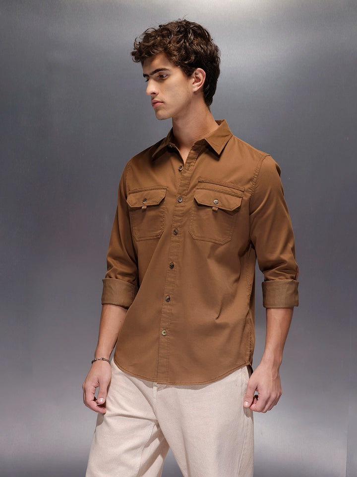 Men's Slim Fit Casual Shirt with Double Pocket  |  Khaki