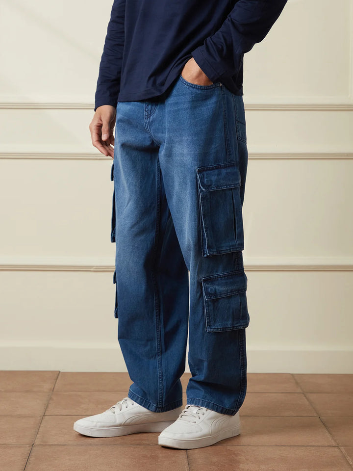 Faded Loose Fit Denim Cargo | Blue