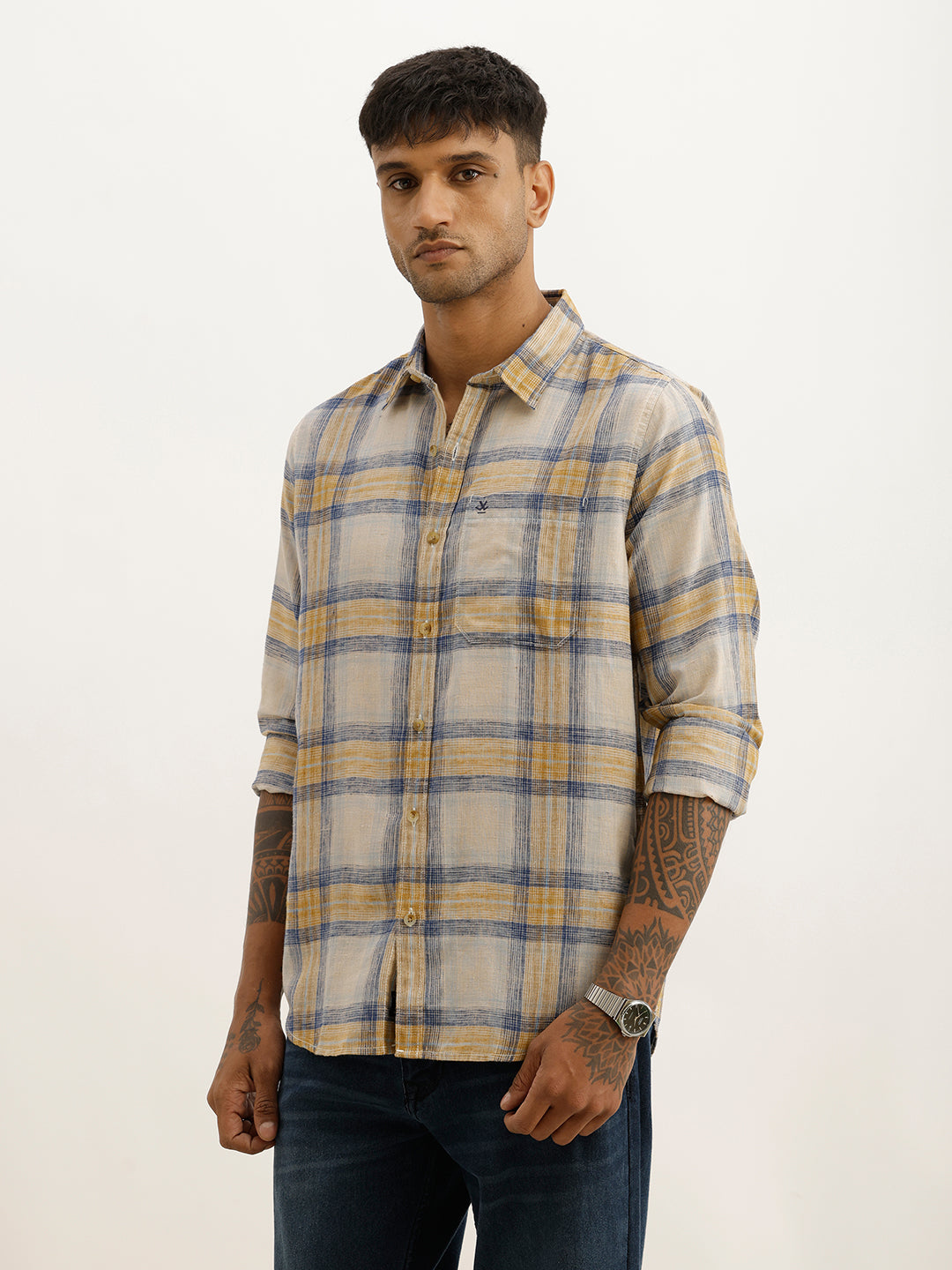 Classic Slim Fit Checkered Shirt | Beige