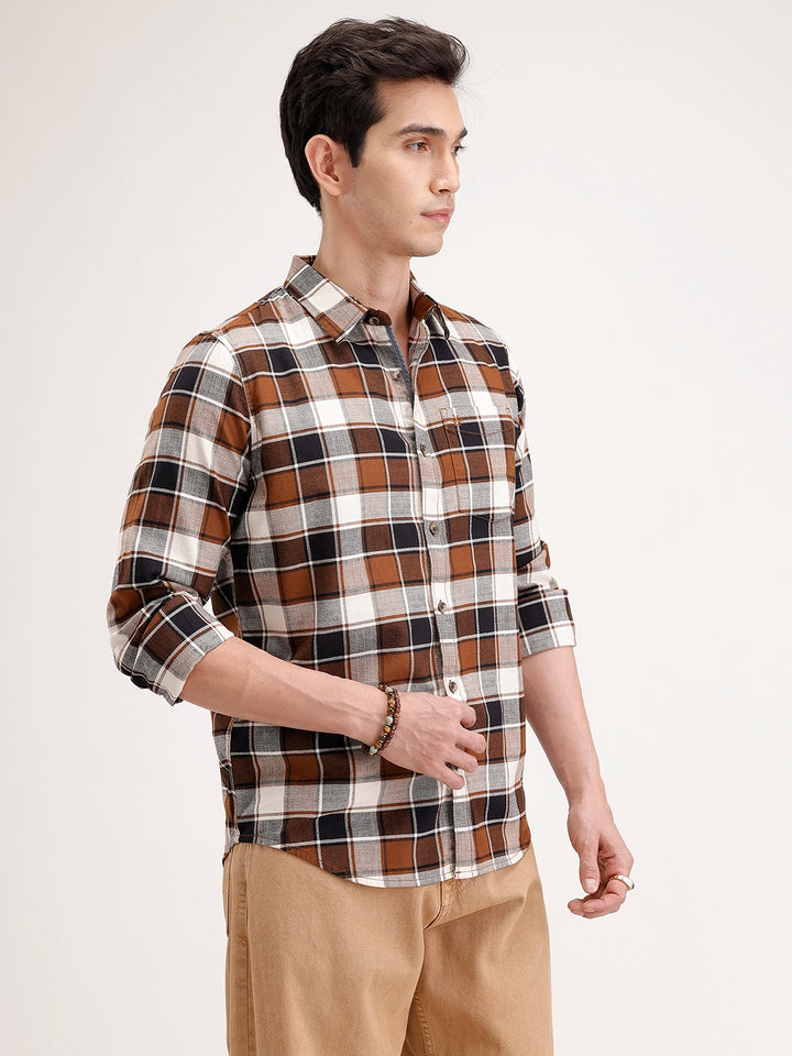 Slim Fit Checkered Shirt | Brown