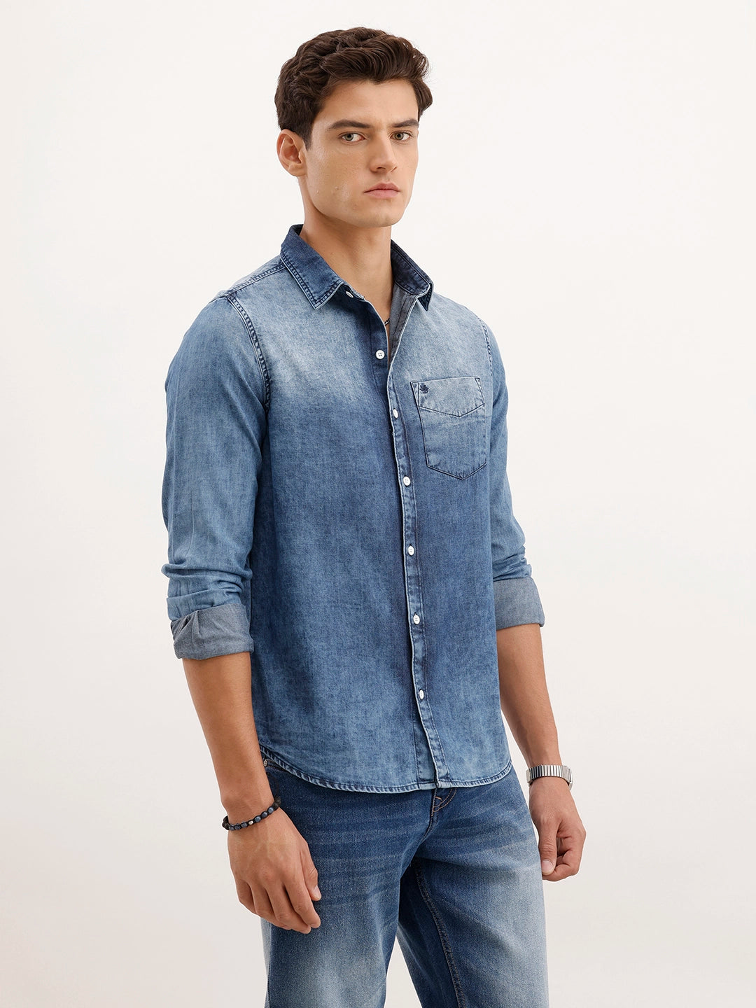 Slim Fit Faded Denim Shirt | Light Blue
