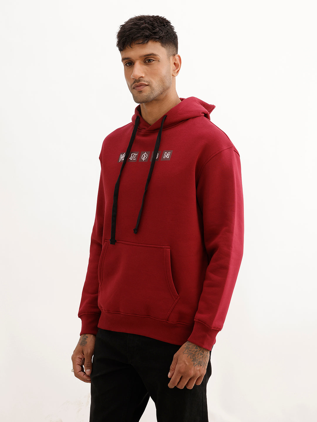 Oversized Placement Printed Hoodie | Maroon