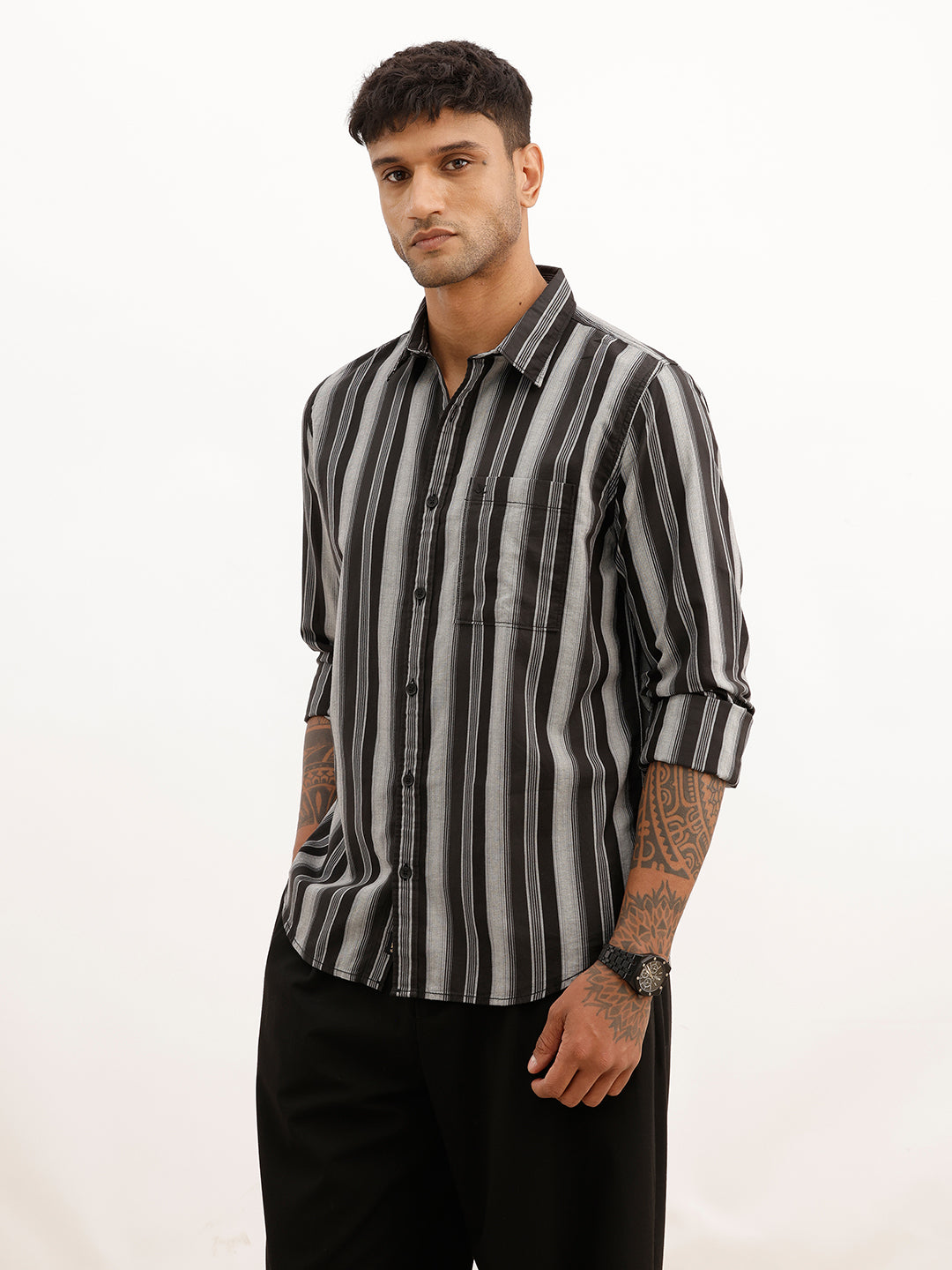 Slim Fit Striped Full Sleeve Shirt | Black