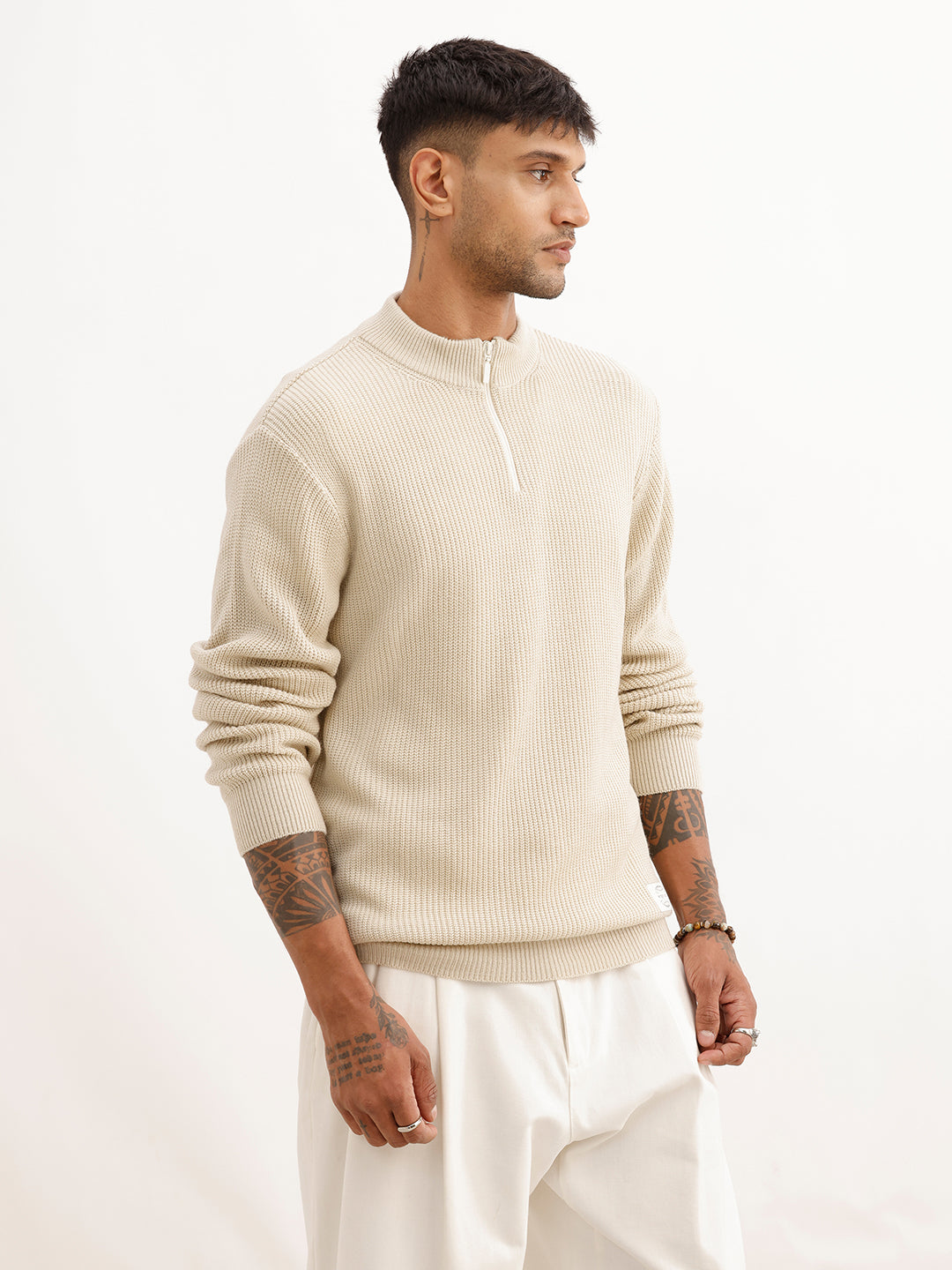 Regular Fit Textured Quater Zipper Sweater | Beige