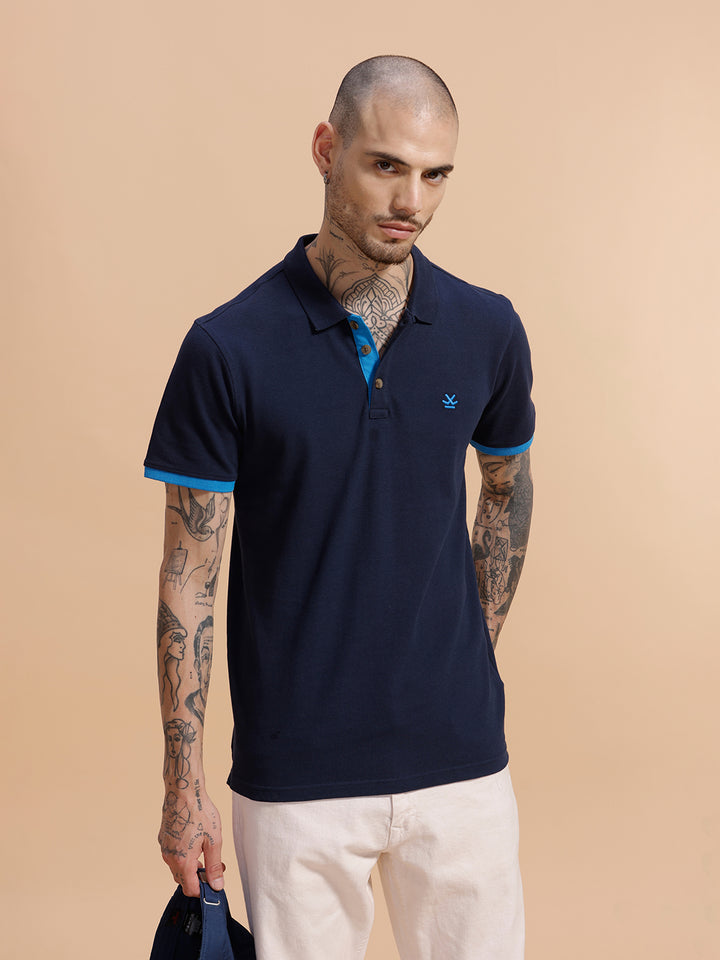 Contrast Rib Pique Polo T-Shirt  | Navy Blue