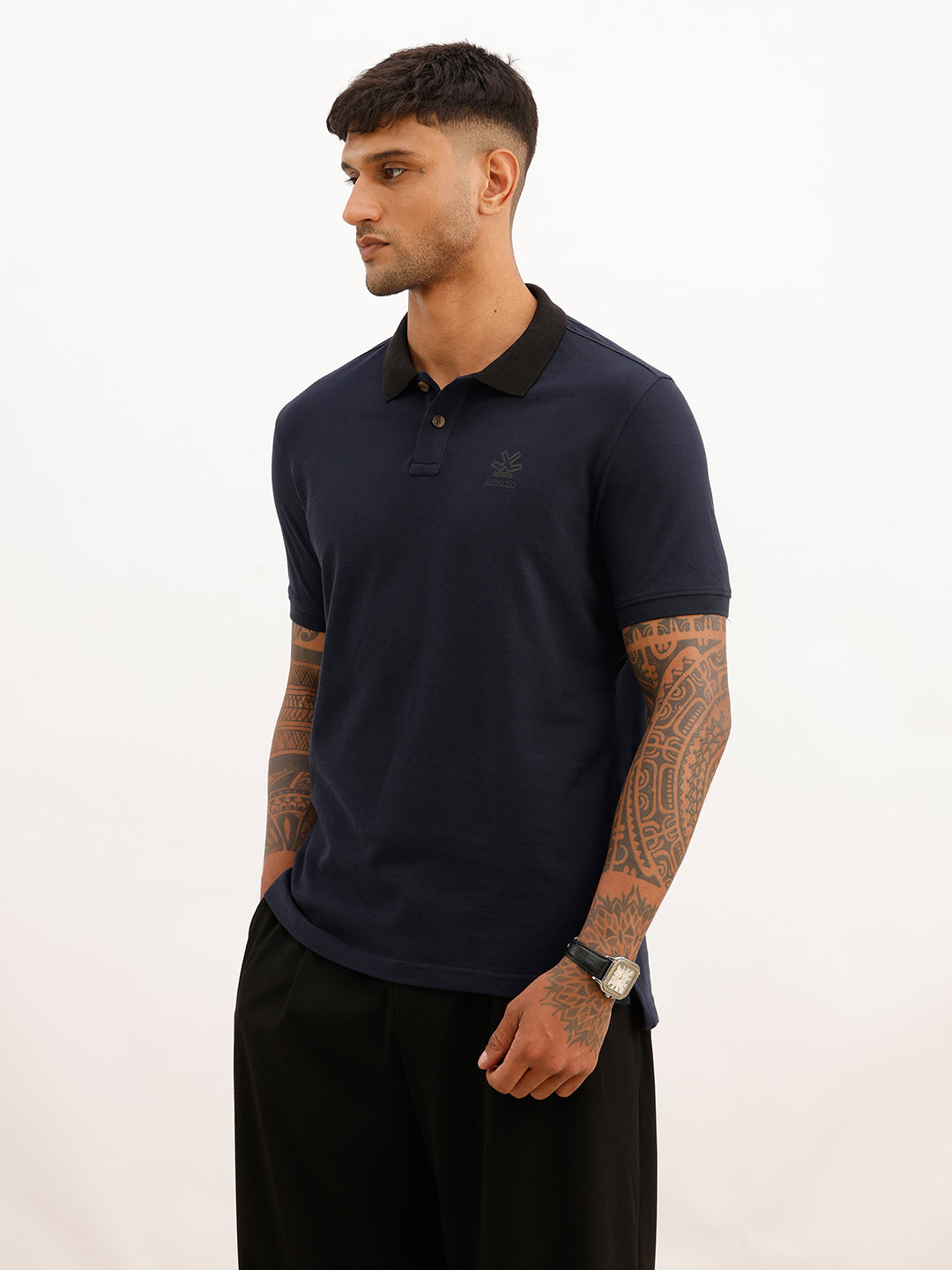 Slim Fit Contrast Collar Polo T-Shirt | Navy Blue