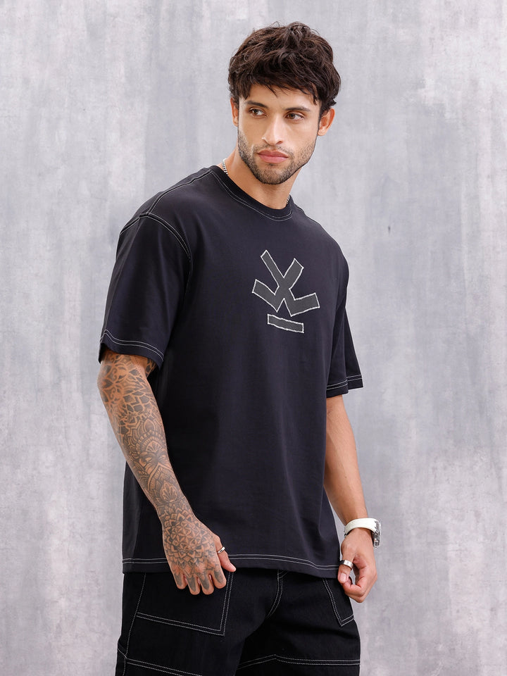 Contrast Stitch Detail Oversized Fit T-shirt With Logo Embroidery | Black