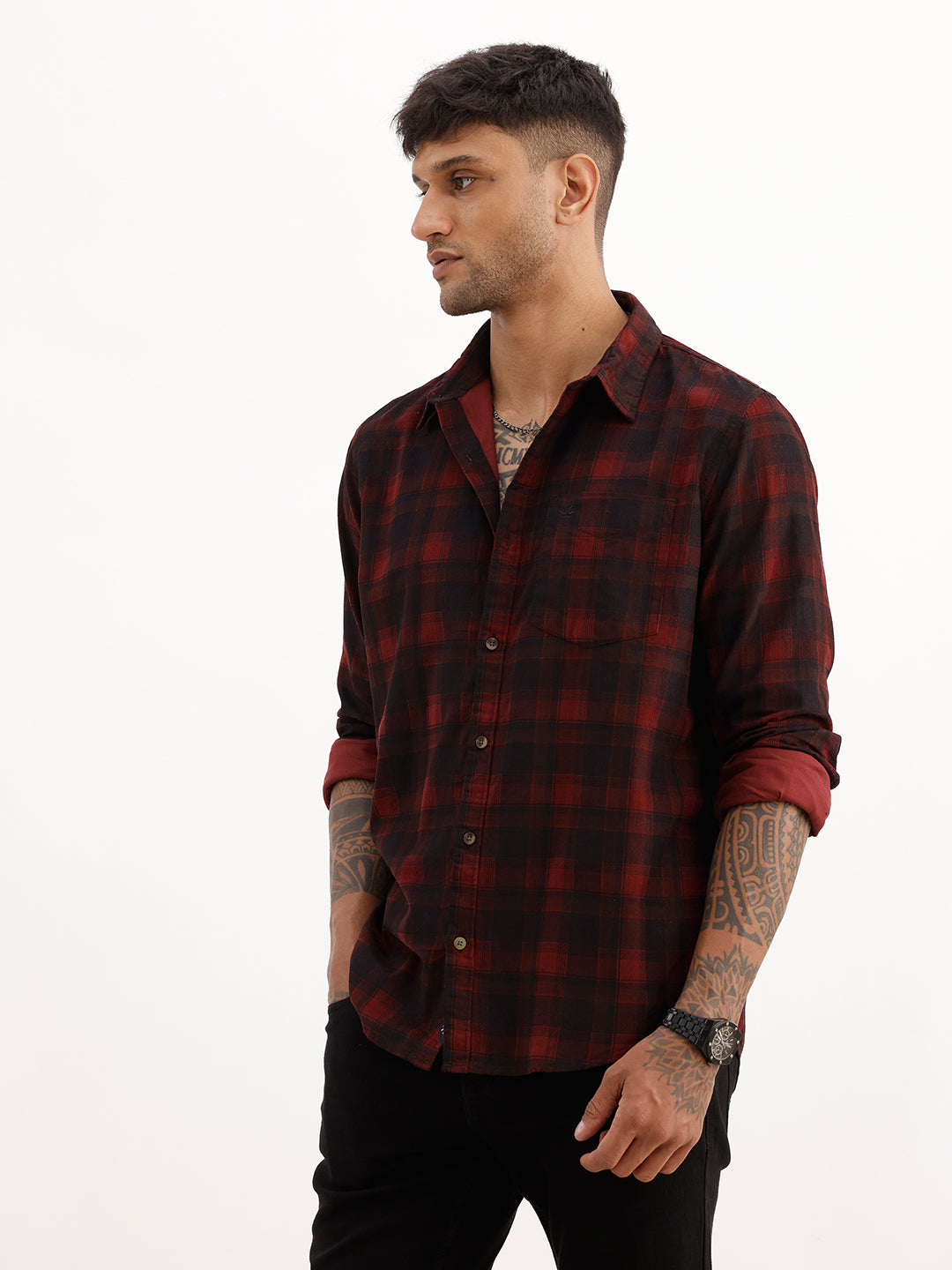 Slim Fit Checkered Full Sleeve Shirt | Maroon