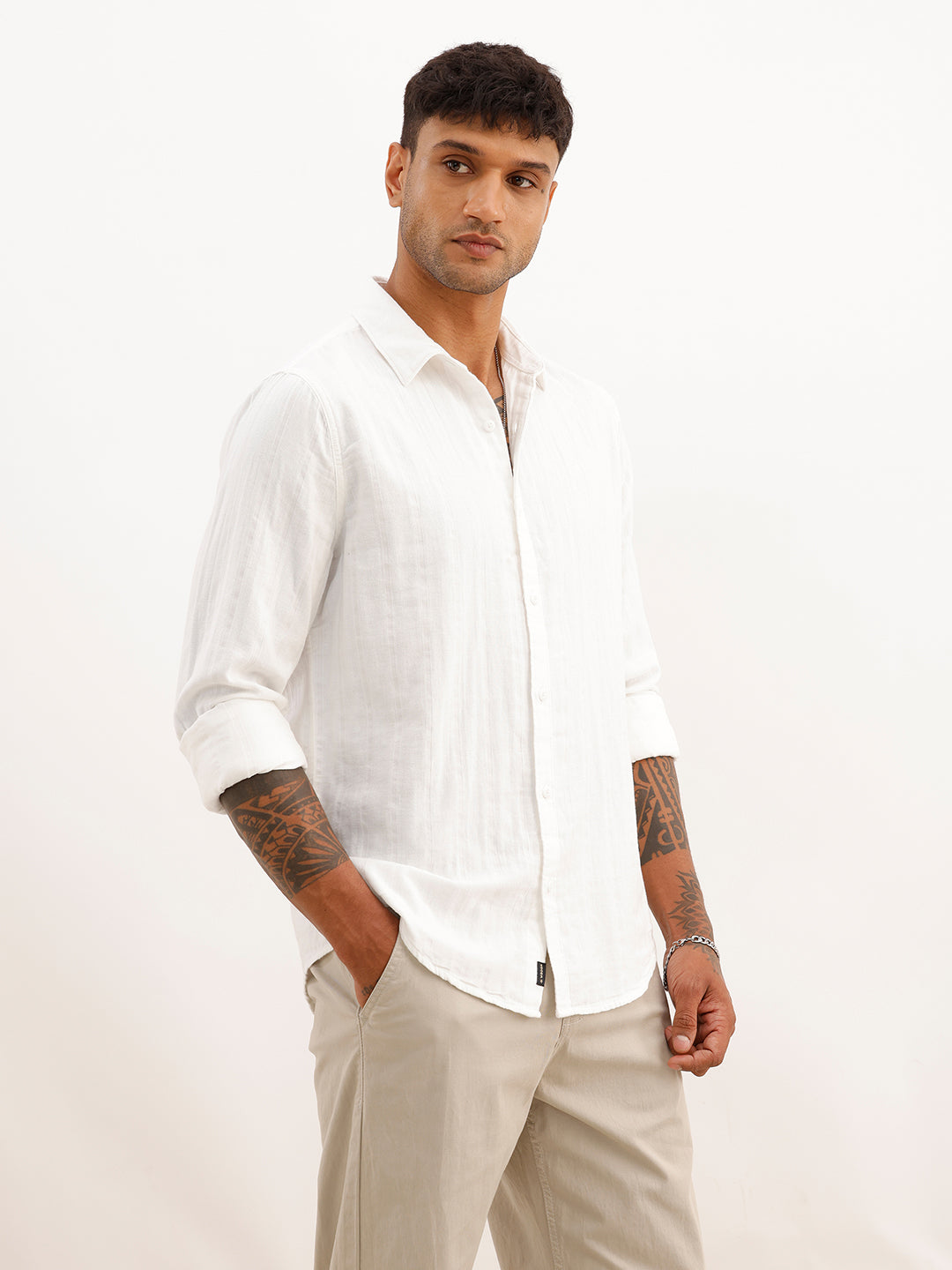 Solid Slim Fit Textured Shirt | White