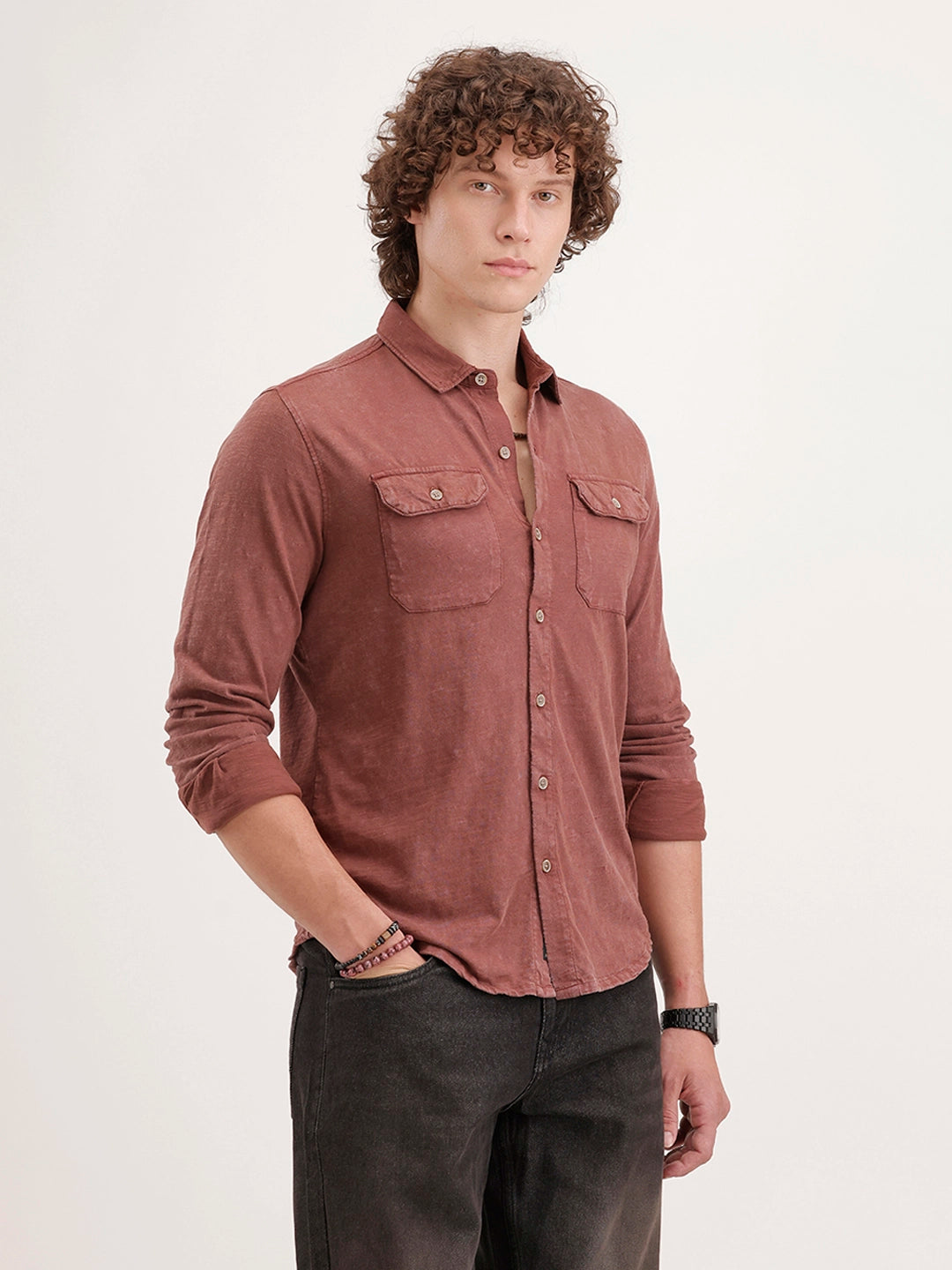 Solid Slim Fit Double Pocket Shirt | Rust