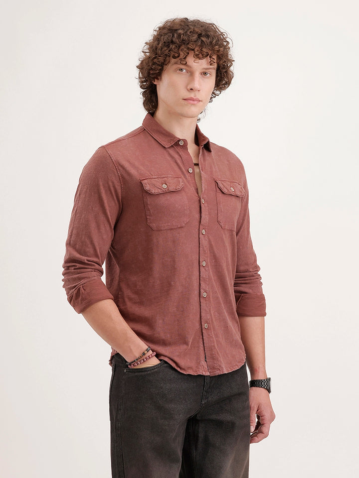 Solid Slim Fit Double Pocket Shirt | Rust