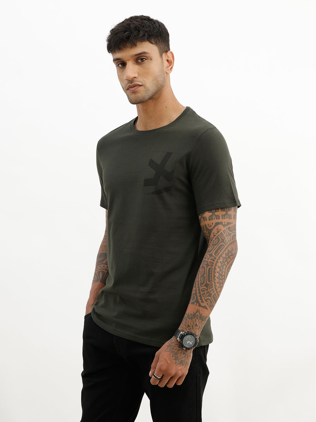 Classic Slim Fit Placement Printed T-Shirt | Olive