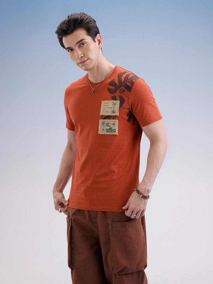 Slim Fit Placement Patch Printed T-Shirt  | Rust