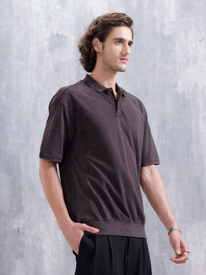 Washed Oversized Polo Neck Tshirt | Brown
