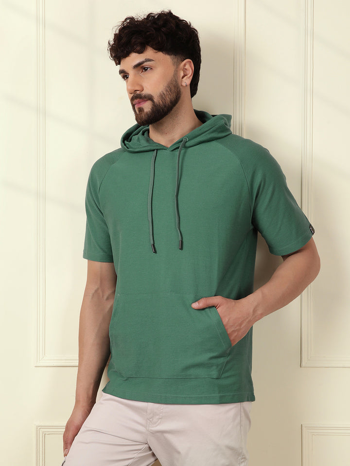 Solid Teal Half Sleeve Hooded T-Shirt