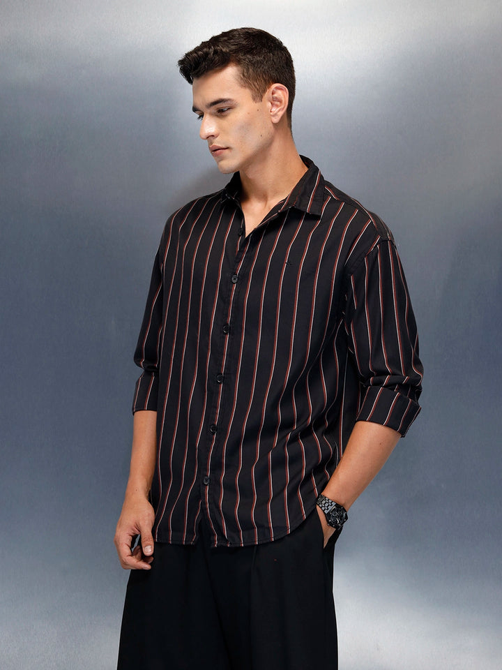 Men's Casual Oversized Fit Striped Pattern Shirt | Black