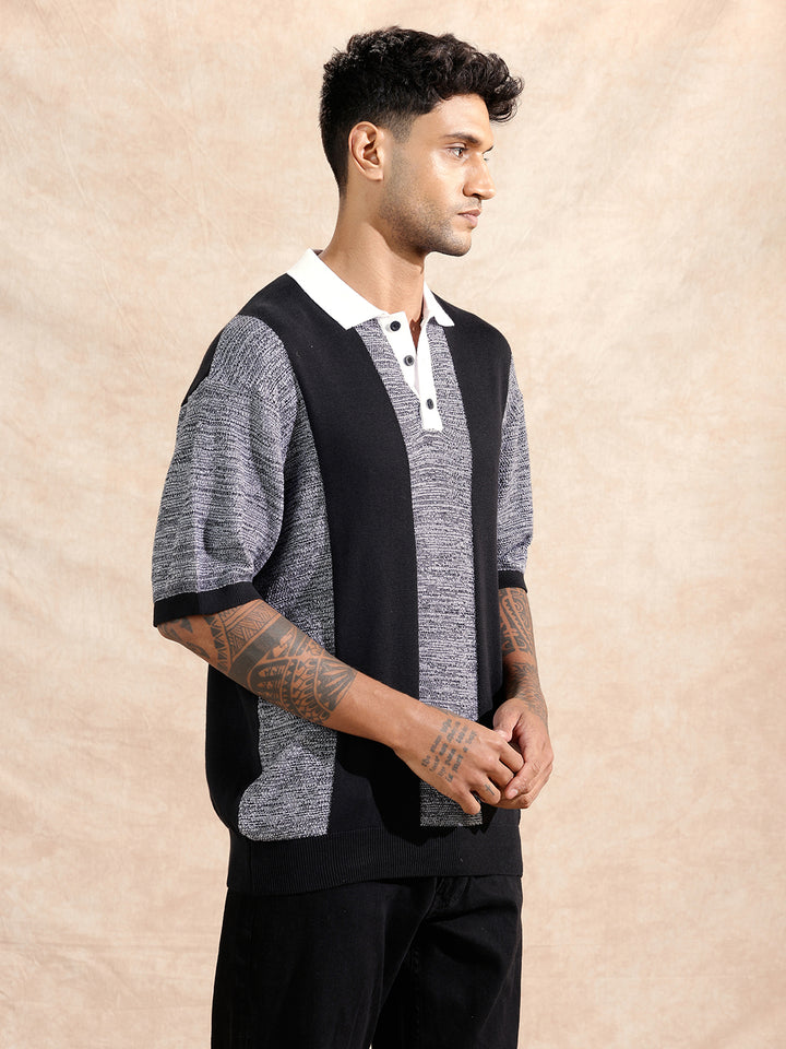Textured Flat Knit Polo T-Shirt | Black & Grey