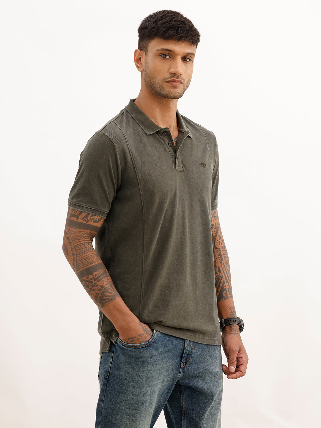Slim Fit Faded Cut & Sew Polo T-Shirt | Olive