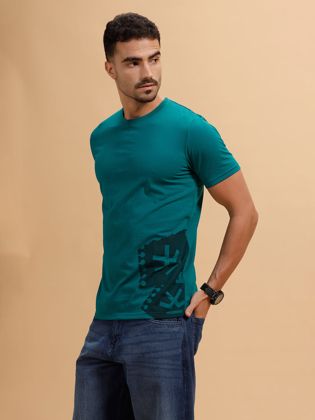 Placement Print Slim Fit T-Shirt | Dark Green