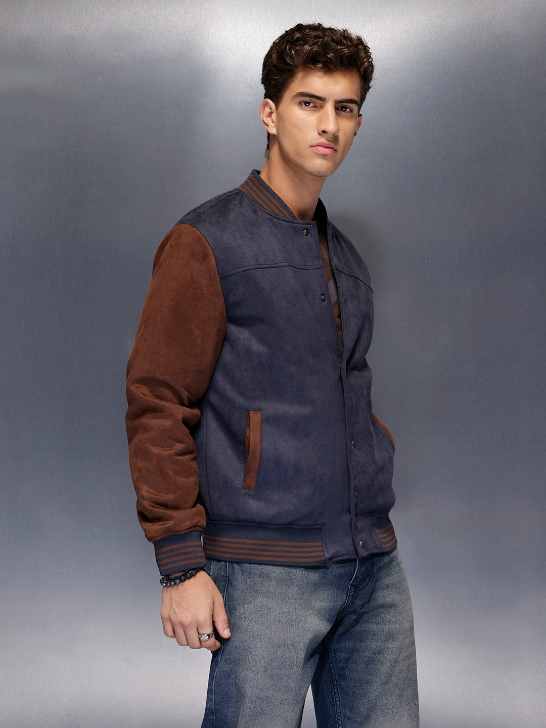 Two-tone suede finish jacket | Navy Blue