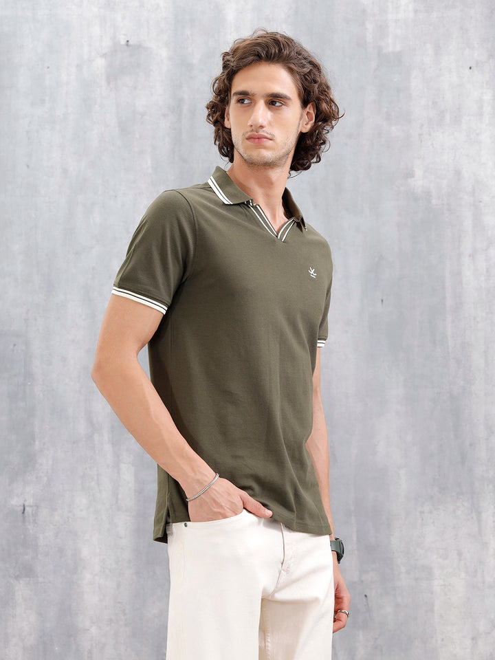 Contrast Tipped Johnny Collar Slim Fit Polo | Olive