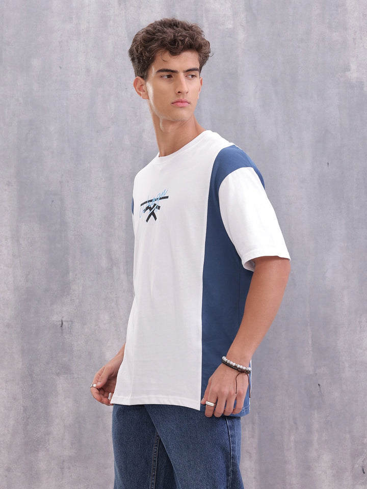 Retro Colourblock Oversized Fit T-shirt With Print | White
