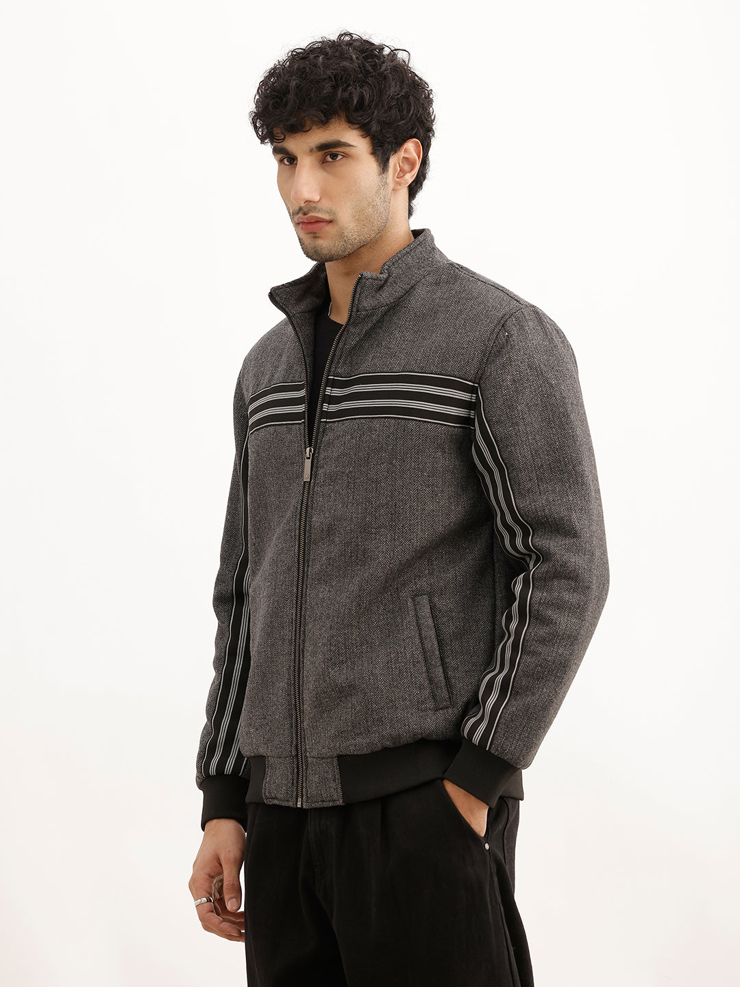 Solid Regular Fit Quilted Zipper Jacket | Charcoal