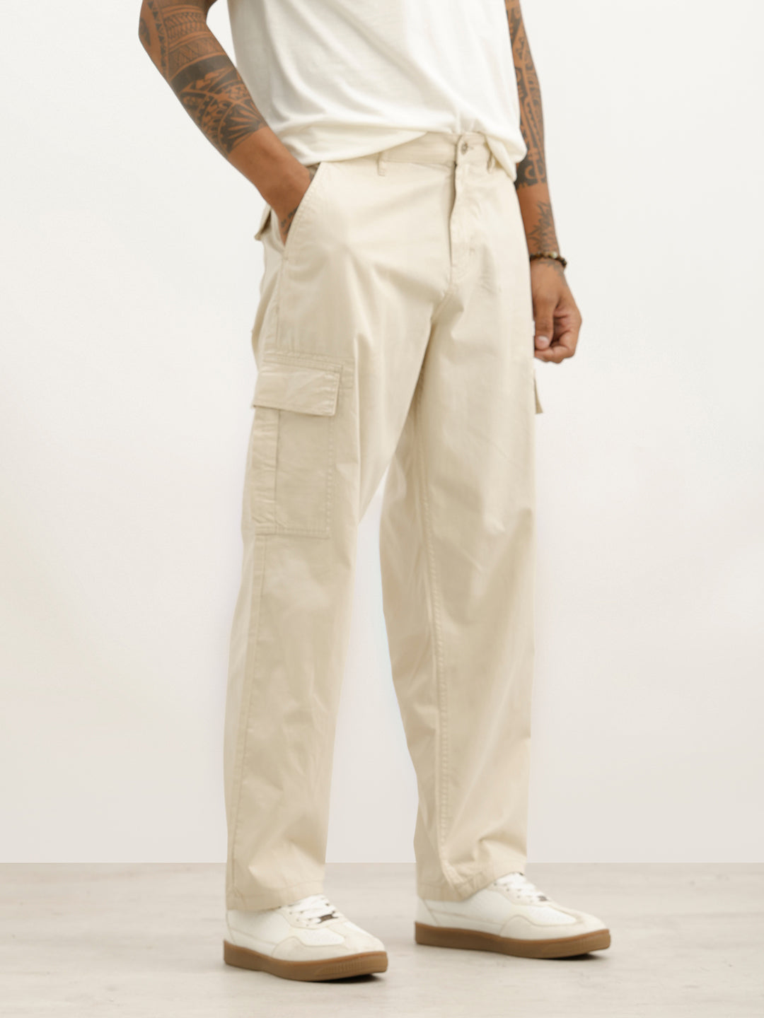 Solid Loose Fit Cargo Trouser | Beige