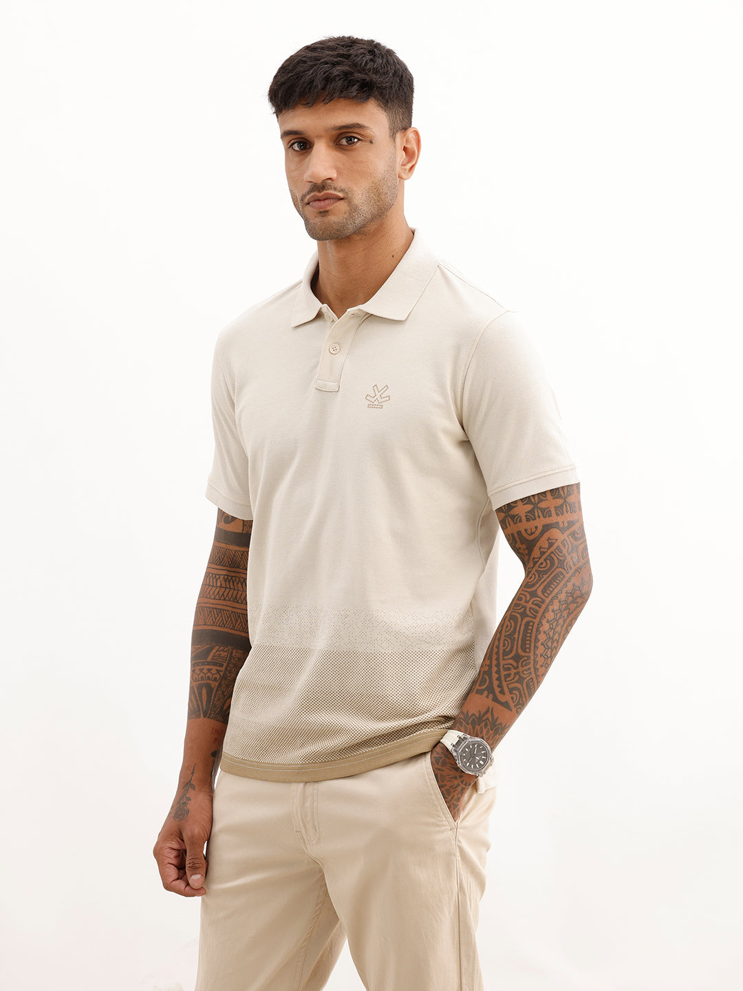 Slim Fit Gradient Printed Polo T-Shirt | Beige