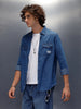 Flap Pocket Regualr Fit Denim Shirt With Branding | Blue