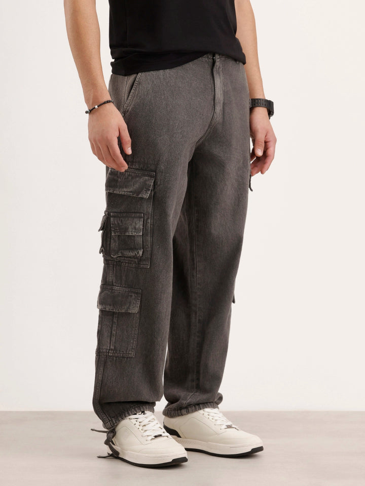 Loose Fit Cargo Denim Jeans | Charcoal