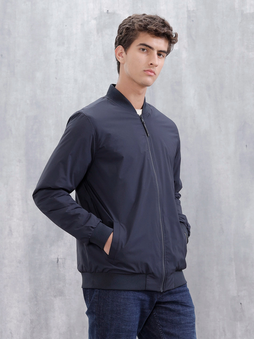Men s Casual Solid Bomber Jacket Navy Blue Wrogn men-s-casual-solid-bomber-jacket-navy-blue-wrogn