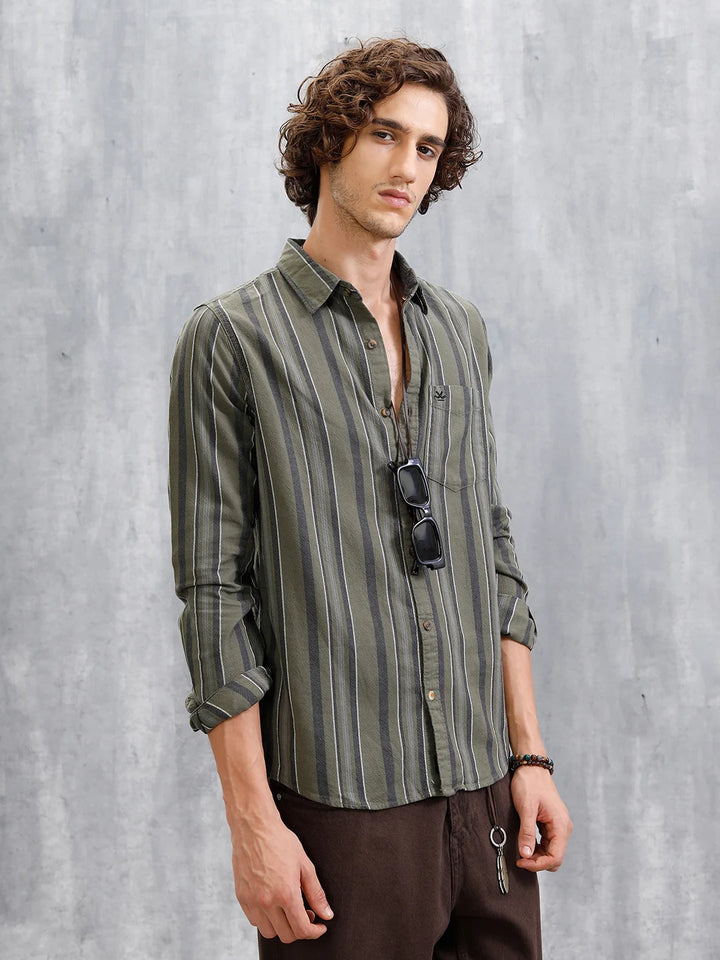 Textured Stripes Slim Fit Shirt | Olive