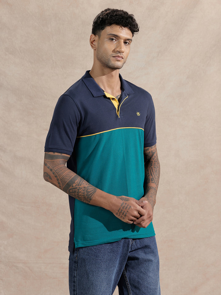 Colour Blocked Polo T-Shirt | Navy & Teal